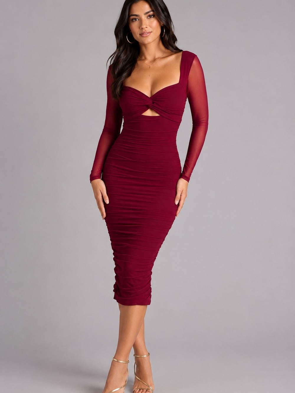 Burgundy Midi Dress Ruched Long-Sleeve | Windsor